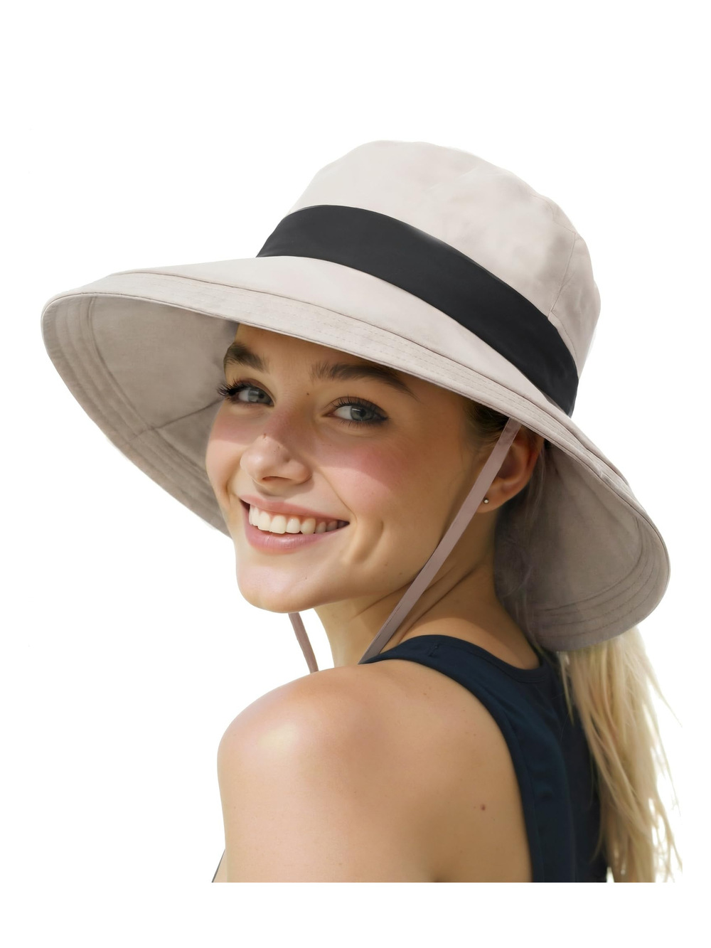 Sun Bucket Hats for Women UV Protection, Summer Beach Hat | Beige | Size L